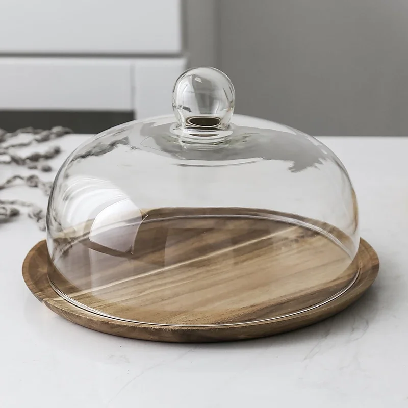 Nordic style Retro Wooden cake plate Glass cover Dessert table display stand tray Home kitchen decoration Festive party