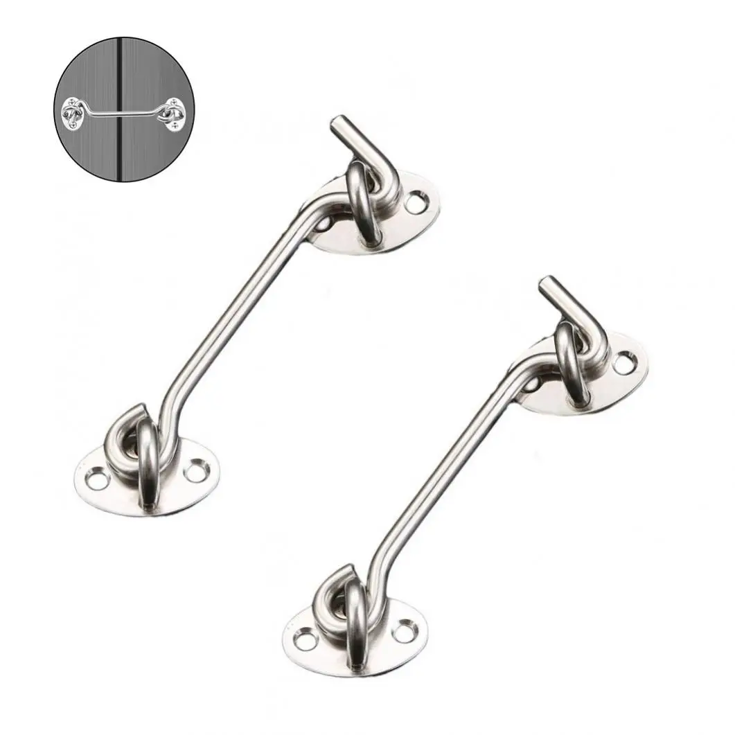 2pcs 4 Inch Thickened Stainless Steel Silver Door Latches for Window / Sliding Door / Cabinet, Hook and Eye Lock Windproof Hooks