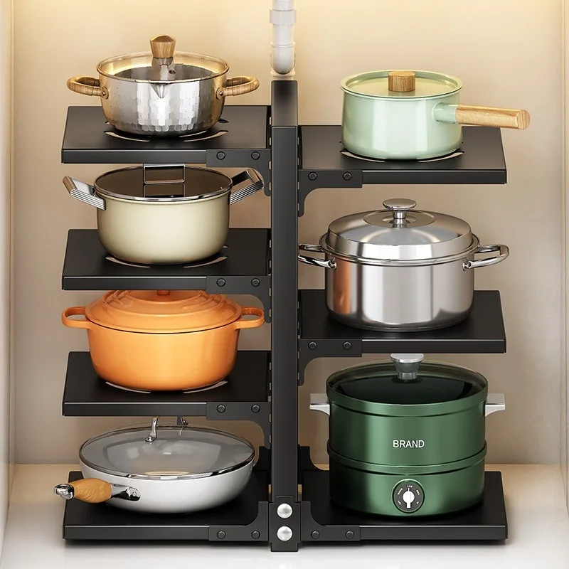 Double Sided Pot Multi-Tier Adjustable Under Cabinet Kitchen Organizer Heavy Duty Pot Shelf for Cookware Storage Space Saving kitchen storage rack,kitchen organizer,kitchen organizer rack