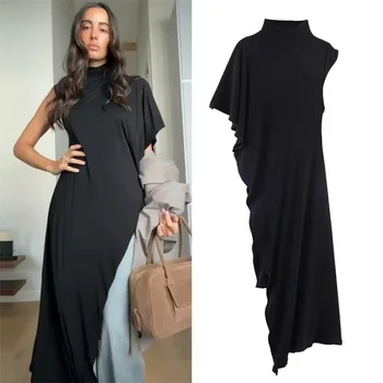 Women's Top 2026 Spring New Style Black Short-Sleeve High-Neck Asymmetrical Pleated Decorative Top Elegant and Stylish Personal