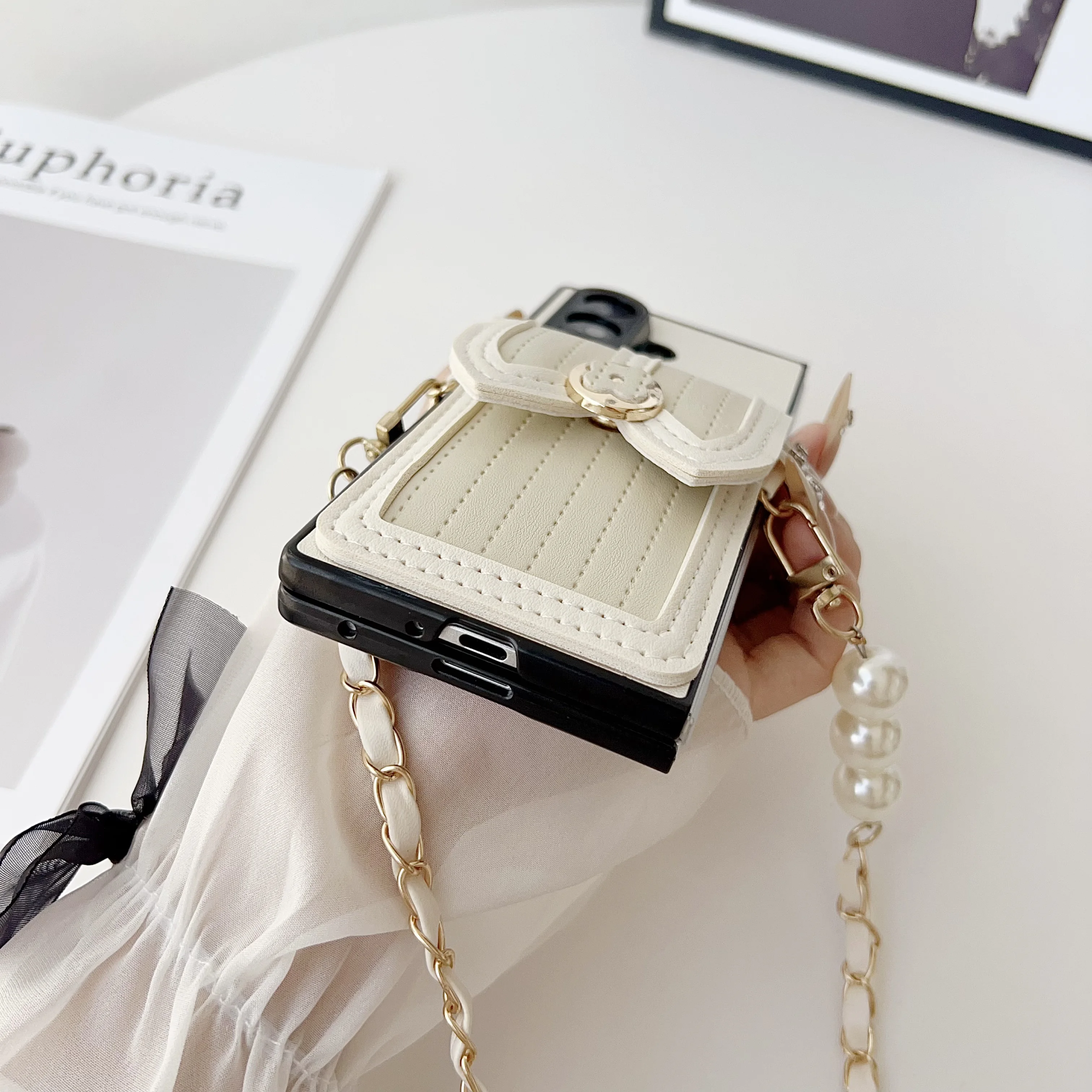 Luxury Pearl Rope Crossbody Leather Card Holder Case – High-End Protective Shell