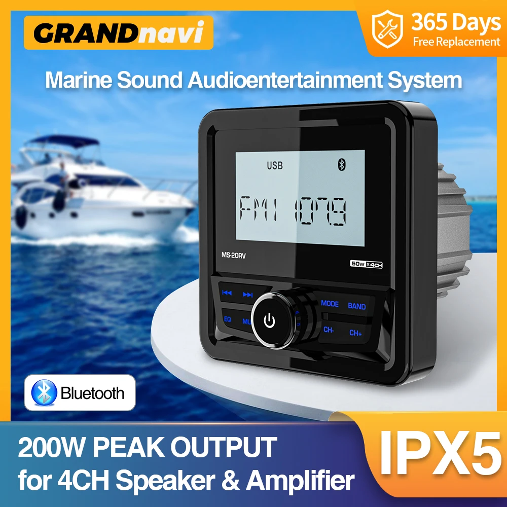 GRANDnavi Marine Radio Boat Stereo Bluetooth FM AM Digital Media Audio Player Waterproof For Yacht ATV UTV Golf Cart Motorcycle