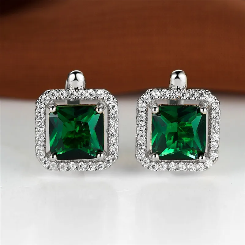 Luxury Female Green Square Zircon Stone Clip Earrings Charm Silver Color Wedding Jewelry For Women