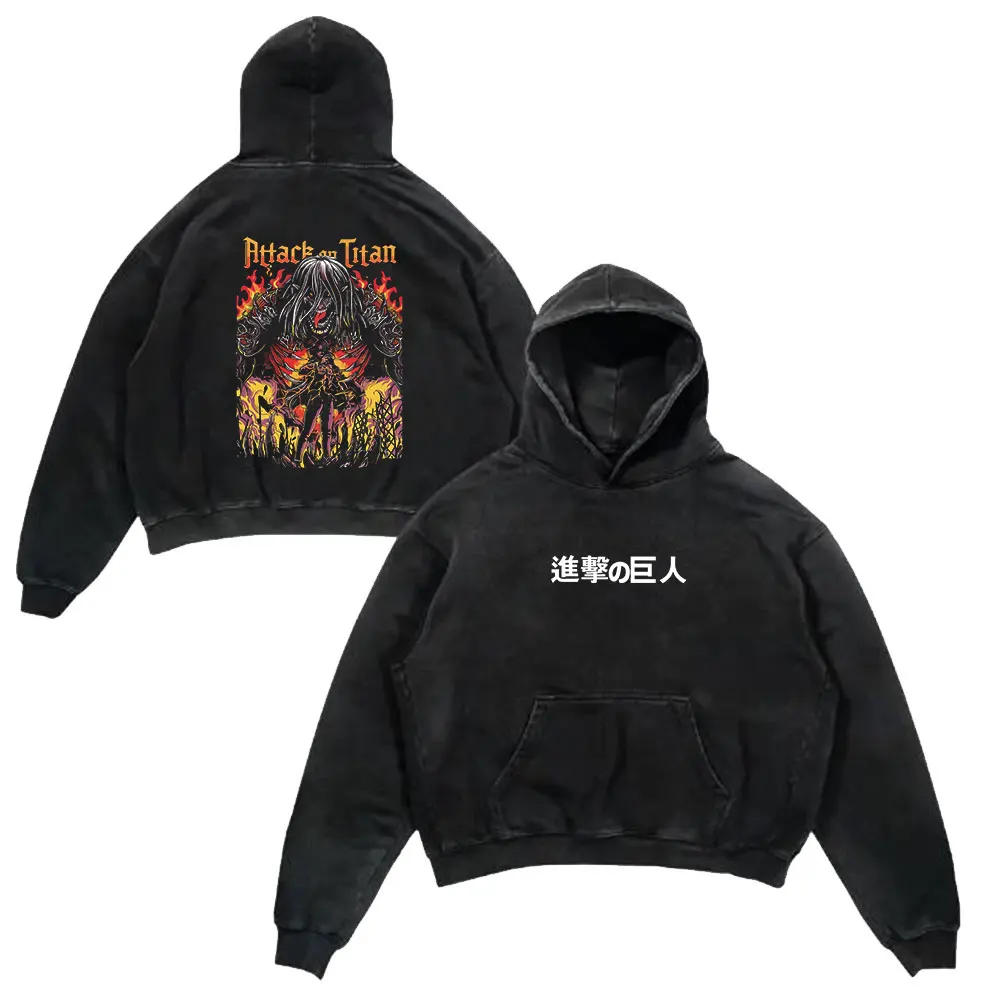 Anime Cotton Washed Hoodies Graphic Vintage Attack On Titan Print Y2K Hooded Sweatshirts Oversized Aesthetic Streetwear Pullover