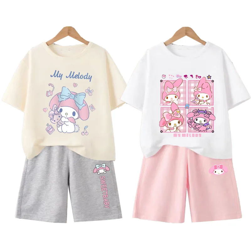 

Kawaii Sanrio My Melody Детский костюм милые летние тонкие футболки с коротким рукавом для девочек Детская мультяшная повседневная детская одежда