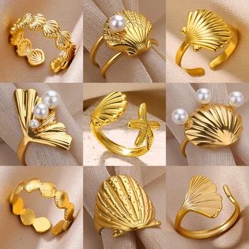 Fashion Ocean Starfish Shell Rings for Women Stainless Steel Gold Color Wedding Ring Aesthetic Waterproof Jewelry Gift anillos