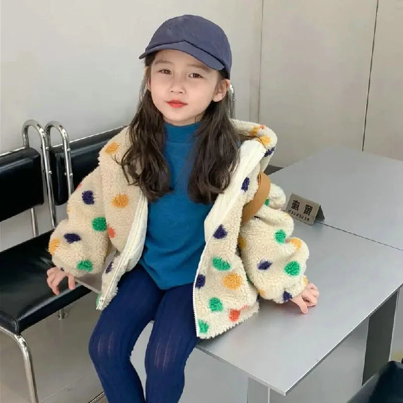 Girls' coat rainbow dot hooded with big ears plush thickened coat top winter new children's wear clothing