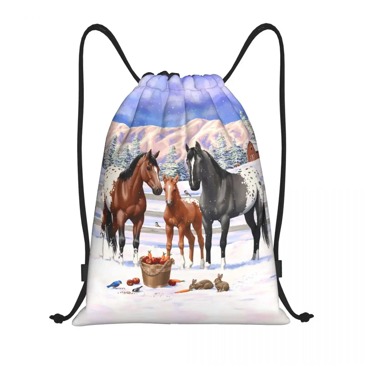

Appaloosa Horses In Winter Drawstring Bags Men Women Portable Gym Sports Sackpack Farmhouse Animal Shopping Backpacks