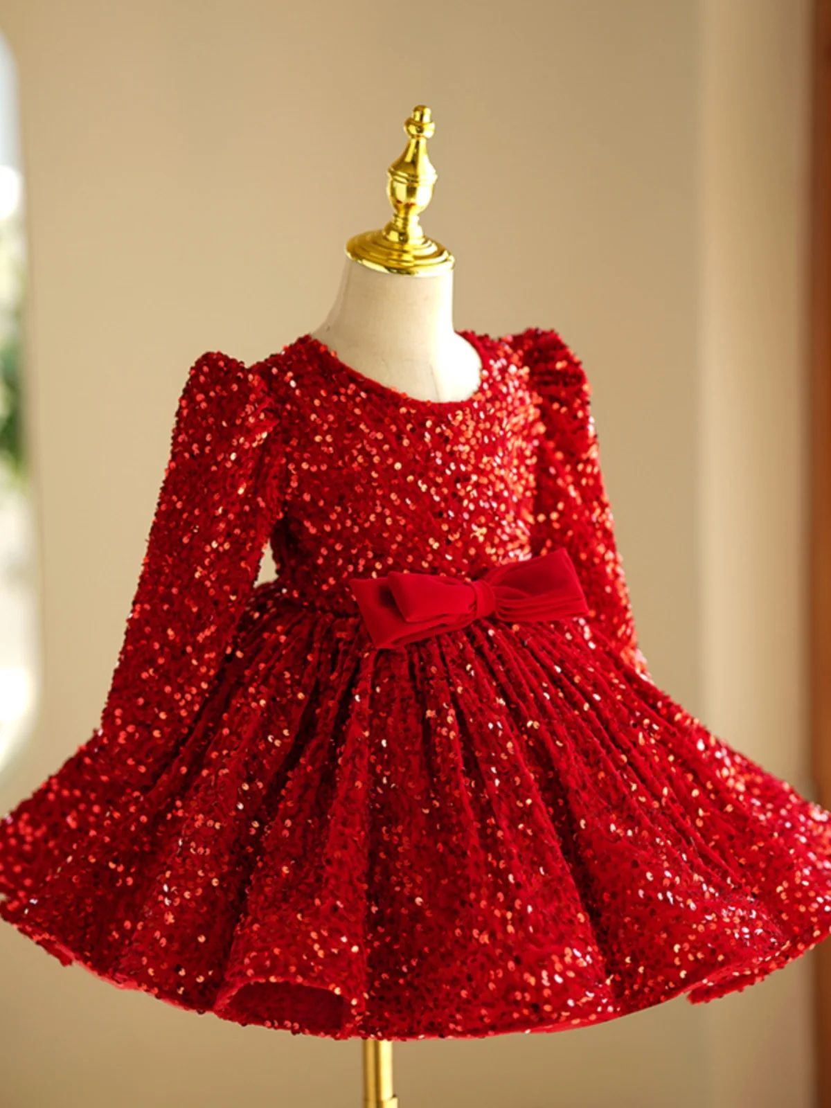 

kid knee length long sleeve red birthday party celebration dress infant kid girls puffy sequin birthday dresses bow waistband