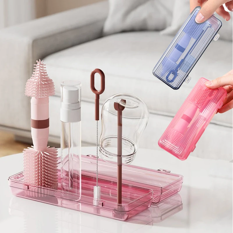 Kit per la pulizia dei biberon da 6 pezzi Set di spazzole per la pulizia dei biberon in silicone da viaggio portatile con stendino pieghevole e scatola di immagazzinaggio - immagine 2