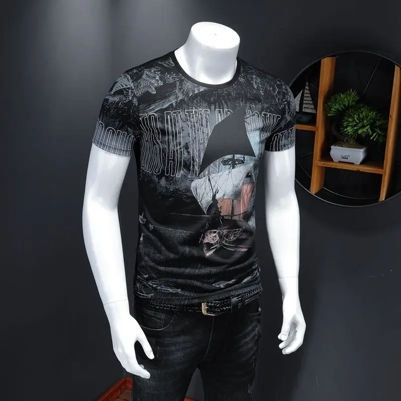 Fashion O-Neck Letter Tie Dye Printed T-Shirt Men's Clothing 2023 New Oversized Casual Pullovers Short Sleeve Tee Shirt image_3