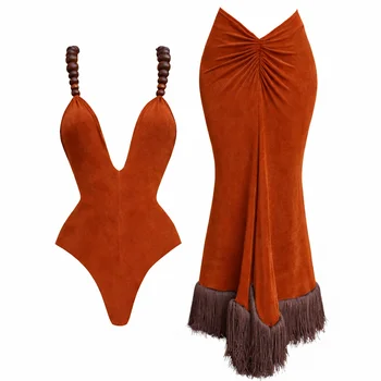 Beads 2Pieces Halter Swimsuit 2026 Bandeau Biquini Sexy Bikini Women Swimwear Push Up Bathing Suits Female Long Skirt Beachwear