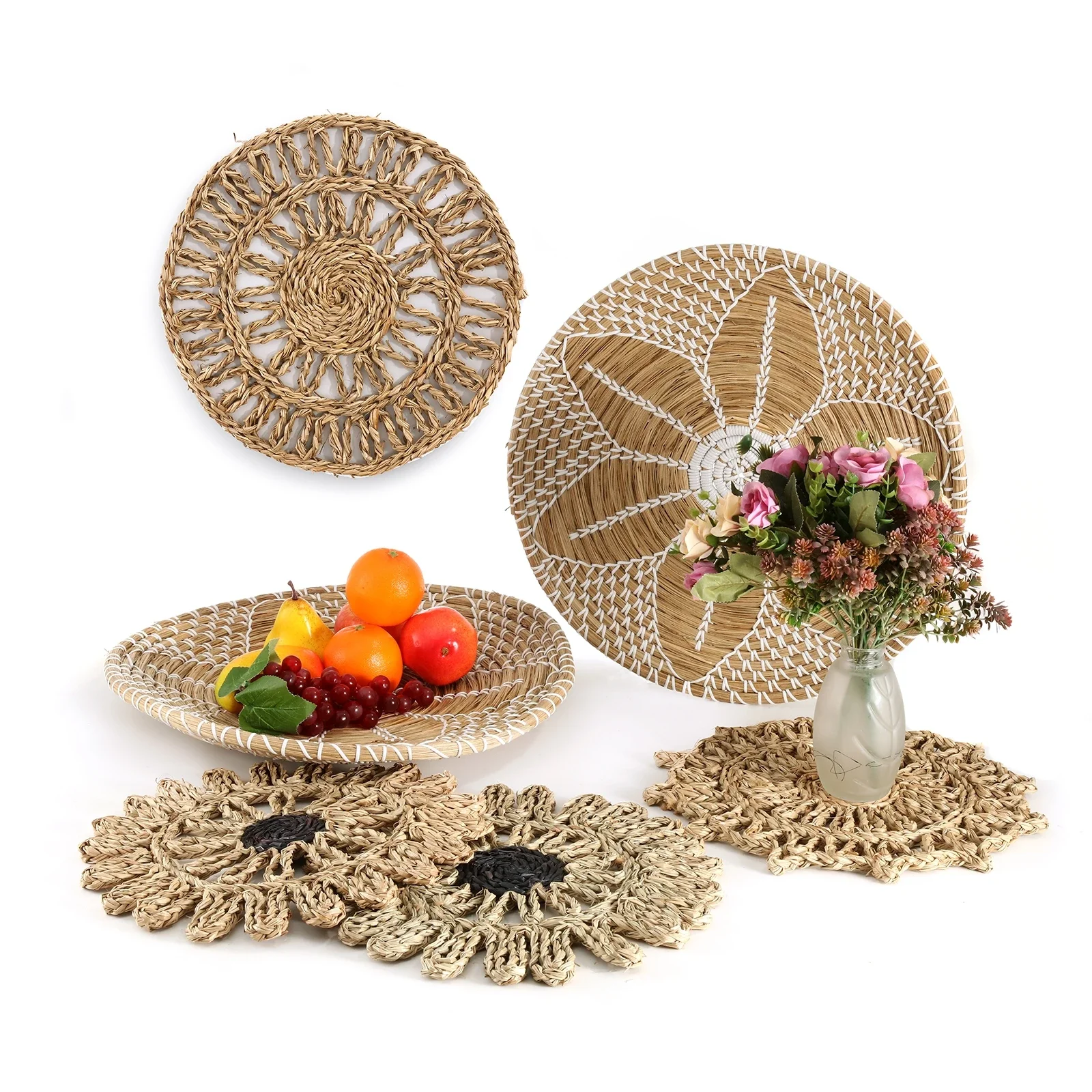 6Pcs Handmade Wall Hanging Woven Seagrass Basket African Boho Style Decorative Bowls Disks for Home Living Room Bedroom Decor 2