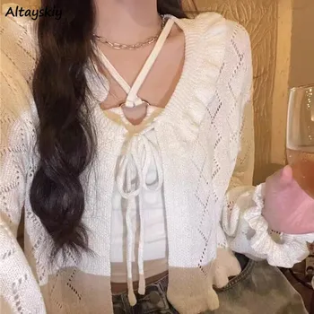 White Cardigans Women Hollow Out Fashion Loose Casual Ruffles Tender All-match Sun-proof Cropped Female Bandage Vintage Ulzzang