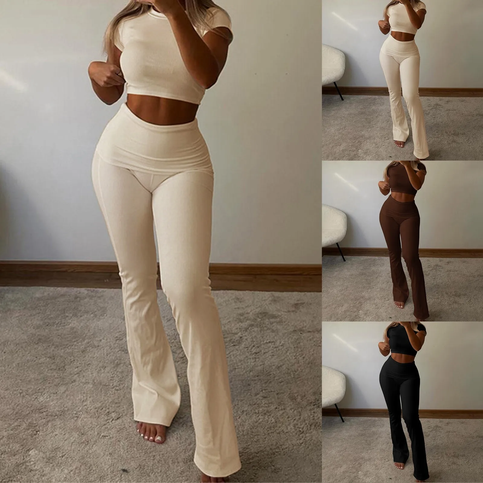 Casual Pink 2 Pieces Sets Womens Summer Outfits Y2k Clothes Fit Long Sleeve Top and High Waist Slim Flare Pants Sets 2024