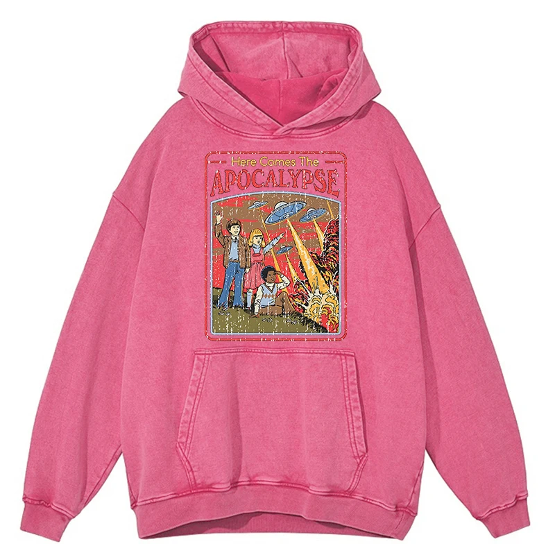 thumbnail image 1 of Sudadera con capucha retro desgastada con estampado de ovni "Here Comes The Apocalypse" para hombre, sudadera de algodón de otoño, ropa informal holgada 100 % algodón, 1 of 4