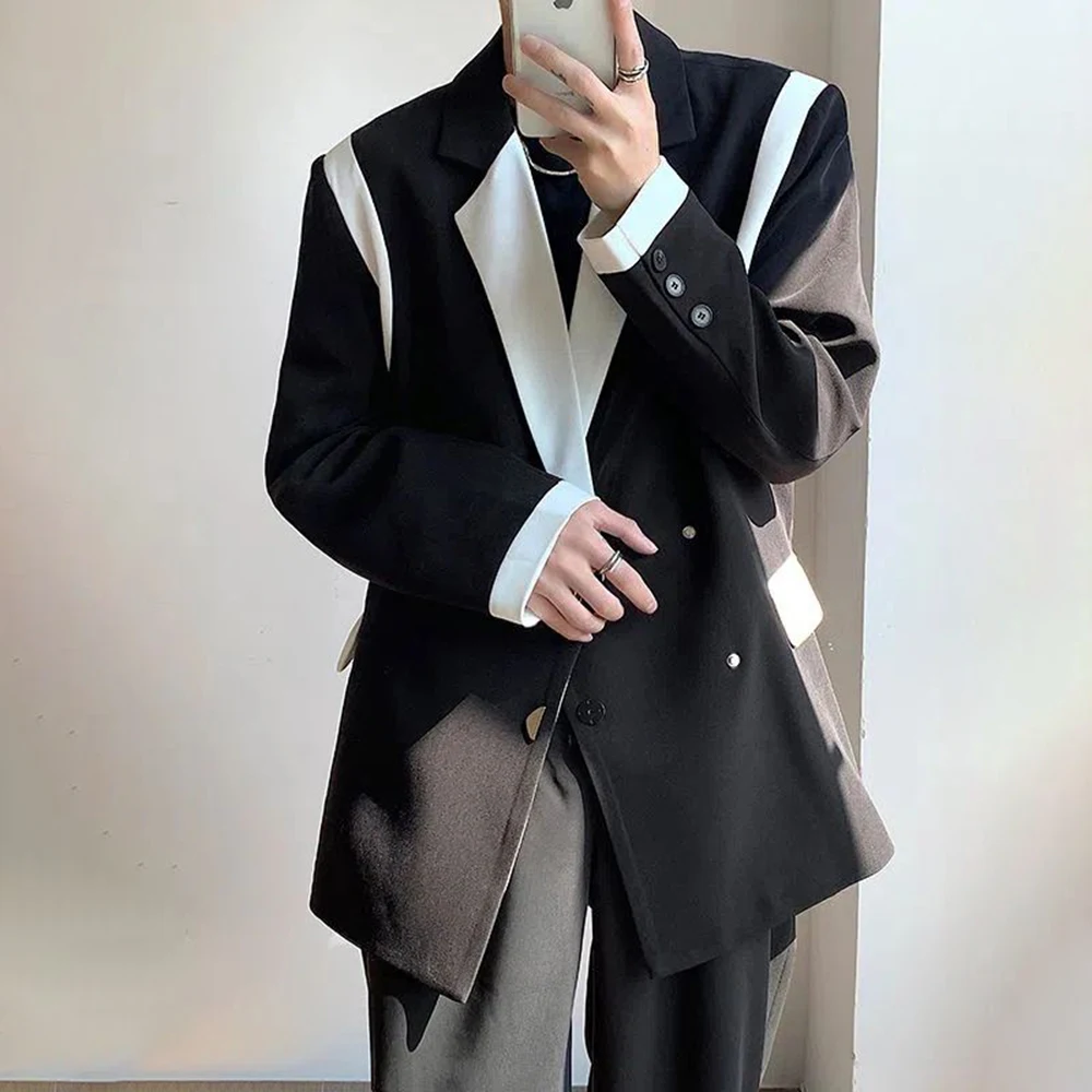 Mens Blazer Men Blazer Patchwork Lapel Long Sleeve Coats