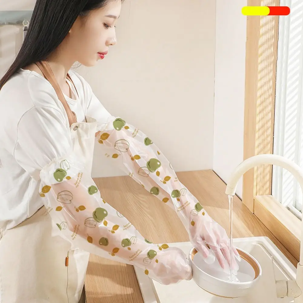 10Pcs CPE Disposable Gloves Extra Long Print Cleaning Long Gloves Kitchen Cleaning Tool Non-Slip Extended Housework