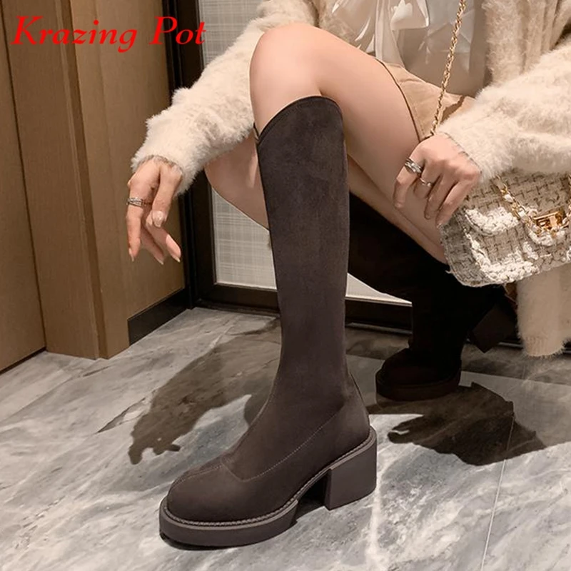 

Krazing Pot 2024 Flock Round Toe Thick High Heels Western Platform Boots Winter Keep Warm Zipper Ins Nightclub Thigh High Boots