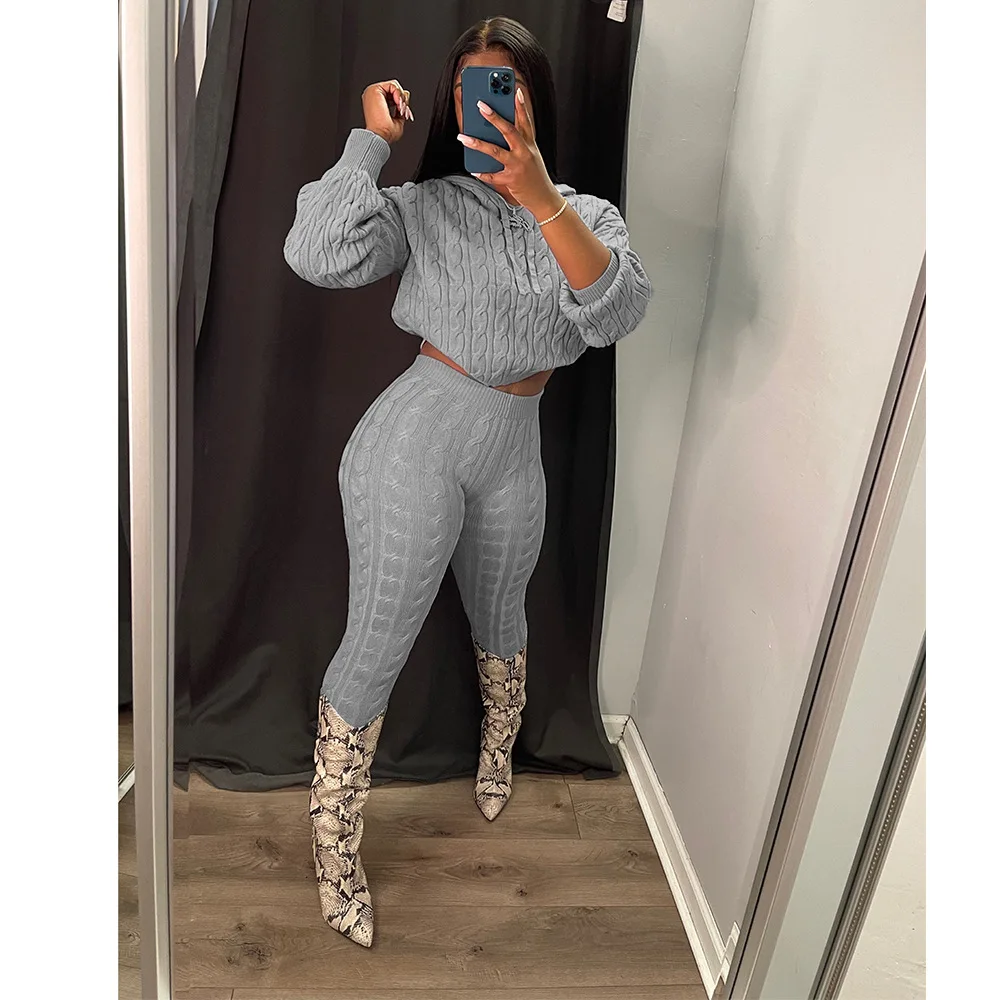 Women Sweater Set Autumn Winter Casual Knitted Long Sleeve Hoodie And Pants Set 2 Piece Set Lounge Wear Sweater Women Outfits