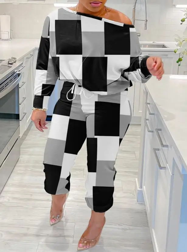 Two Piece Set Women Outfit 2023 Spring Fashion Geometric Print Skew Neck Long Sleeve Top & Drawstring Casual Daily Pants Set