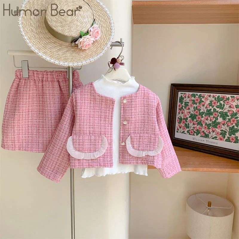 

Humor Bear Baby Spring and Autumn Style Girl Baby Sweet Lace Small Fragrant Fur Coat Short Skirt Set Vestidos Casual Outfit 2-6Y