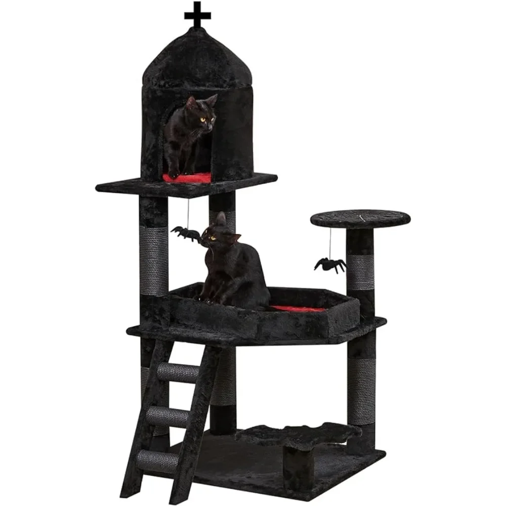 

Gothic Cat Tree with Coffin Bed，55" Cat Tower with Spacious Cat Condo，Scratching Posts，Spider Hanging Ball,Black Halloween