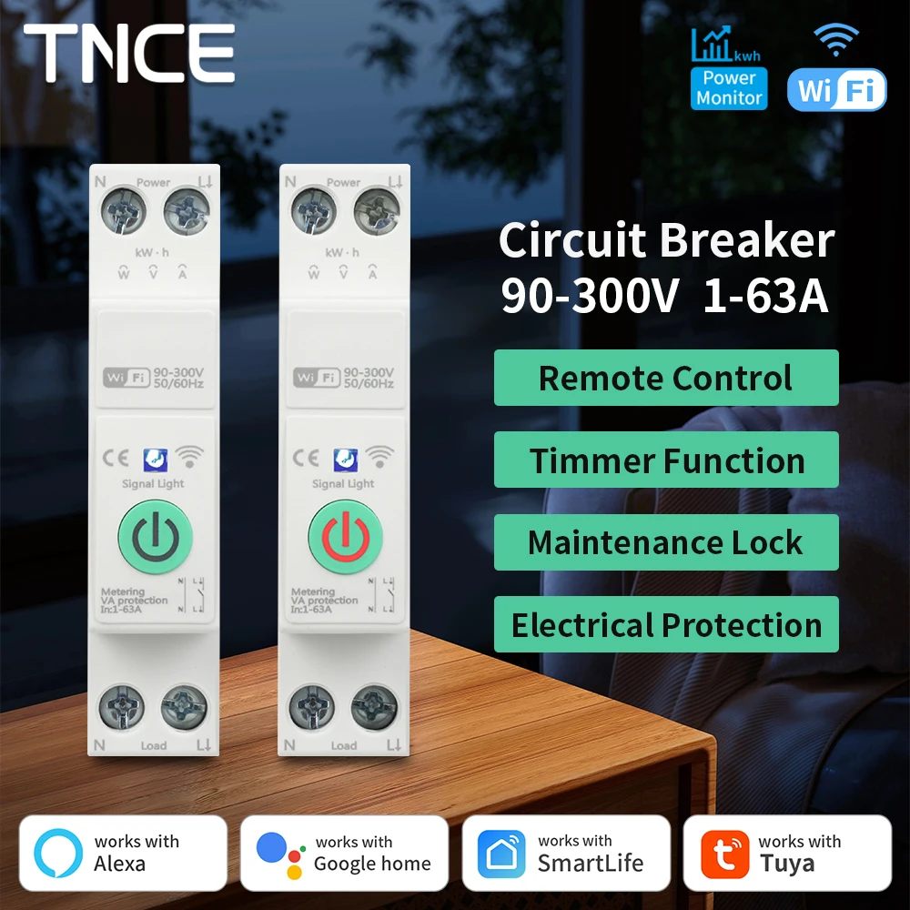 TNCE Smart Circuit Breaker Switch TUYA WiFi, 1P+N 1 63A kWh metering timer relay MCB voltage current protect Alexa Google Home