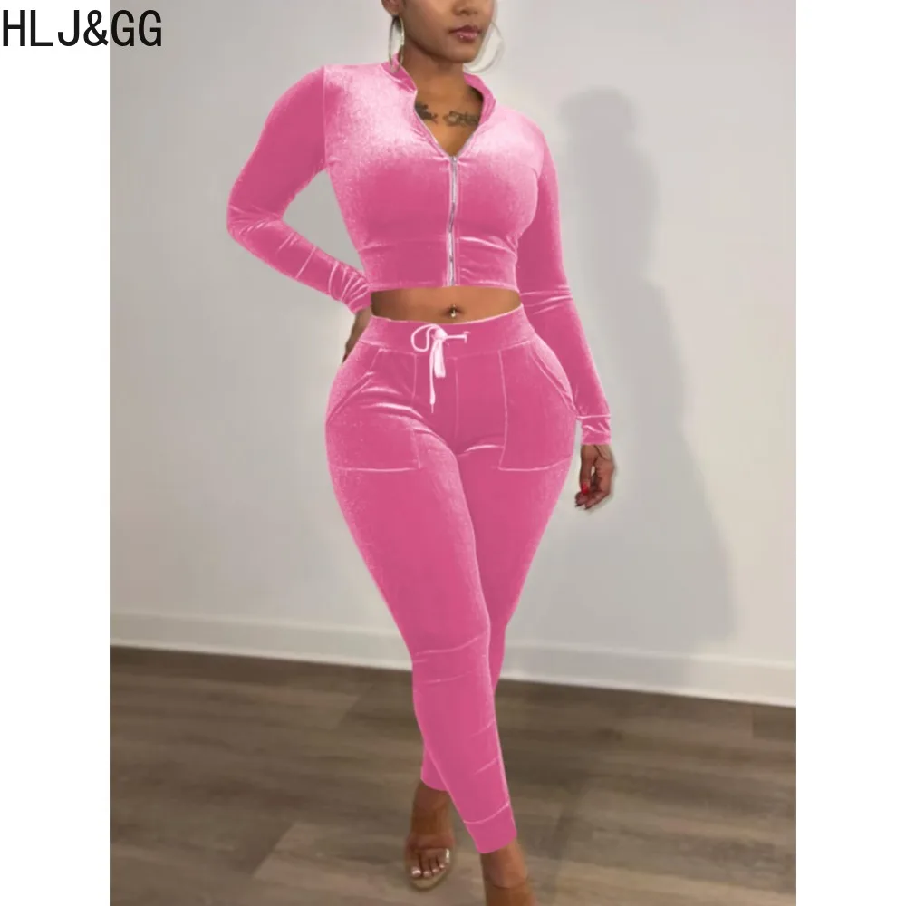 HLJ&GG Autumn Winter Velvet Two Piece Sets Women V Neck Long Sleeve Crop Top + Skinny Pants Tracksuits Casual Solid 2pcs Outfits