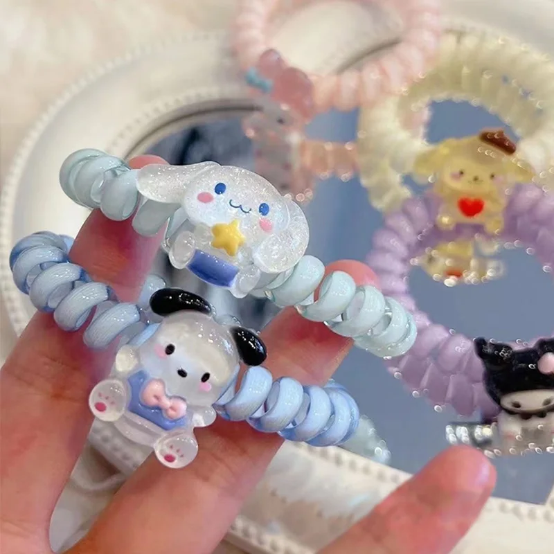 

Sanrio Hair Ties Ornaments Cute Figurine Cinnamoroll Kuromi Cartoon Girls Gifts Pretend Play House Beauty Fashion Toys