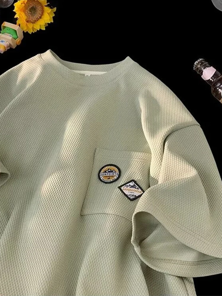 Vintage Waffle Knit Unisex Tee with Applique Pockets - Short Sleeve Oversized Streetwear Top