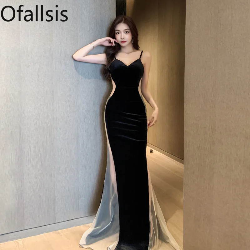 

Женское вечернее платье на бретельках Ofallsis, длинное бархатное платье для ночного клуба золотого цвета, для лета, 2024
