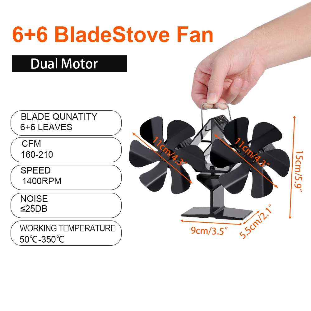 12 Blades Heat Powered Stove Fan Double-Head Log Wood Burner Stands Fireplace Fan Quiet Home Heater Efficient Heat Distribution