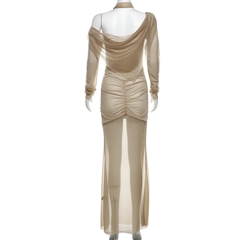 Sequin Sexy See-Through Maxi Dress Women's Pleated Glitter Off-Shoulder Summer Fashion Party Dress Gown Shiny Long Dress
