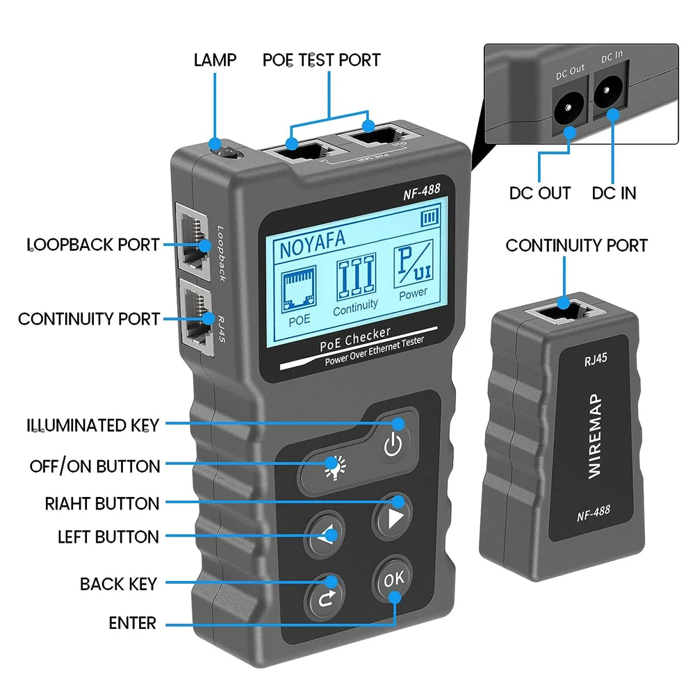 Noyafa NF-488 Network Cable Tester Poe Checker Ethernet Cable Tester Continuity Tester DC Power Switch Loop-Back Test 6