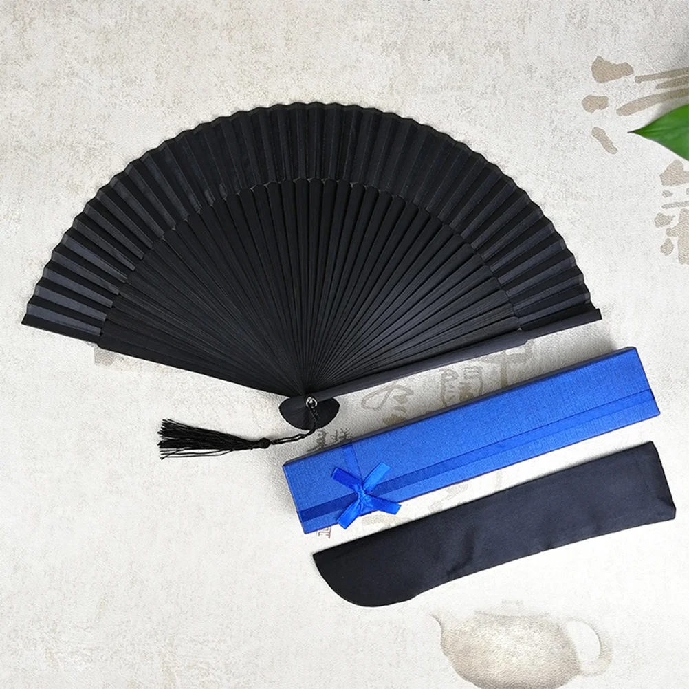 

Men Foldable Fan Bamboo Bone Handheld Fan Chinese Folding Fan with Storage Bag and Paper Box (Black)