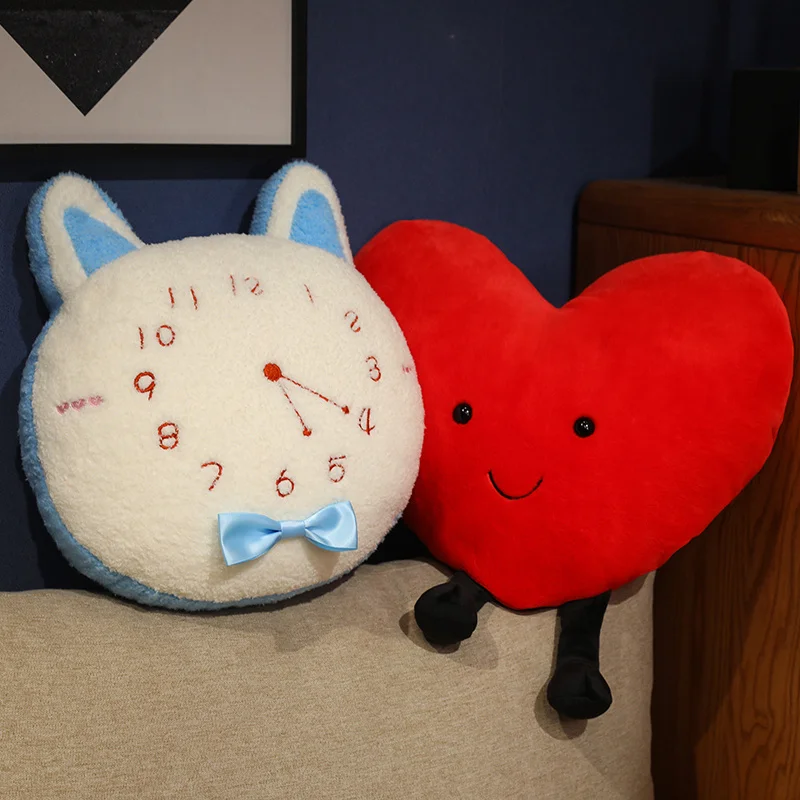 40cm Reversible Red Heart Plush Pillow with Legs Stuffed Blue Pink Cat Face Shaped Clock Flip Plushie Present 2