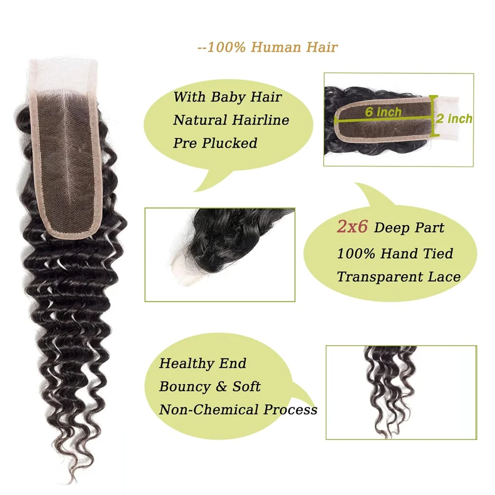 2x6 Deep Wave Closure Lace Closure Human Hair Natural Color Closure Unprocessed Brazilian Virgin Remy Hair Middle Part For Woman