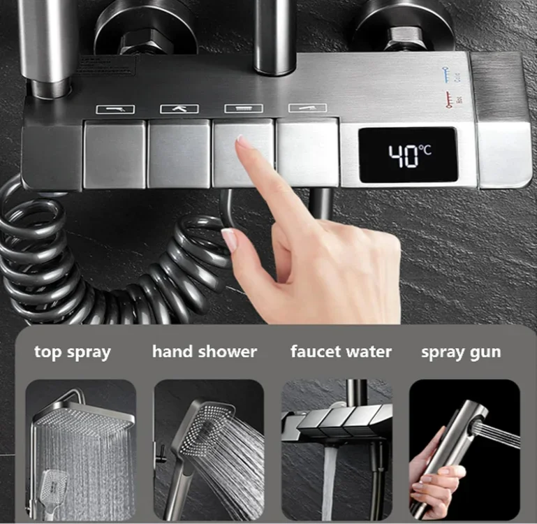 Piano Key Gun Gray Digital Display Shower System 4 Function Bathroom Rain Shower Combo Set with 3 Mode Bidet Sprayer 4