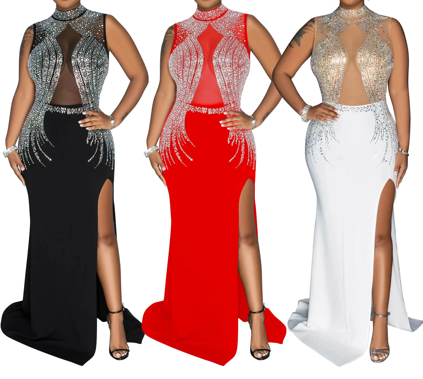 

Luxury Mesh Sheer Patchwork Sparkly Night Club Party Prom Dresses for Women Crystal Diamonds Rhinestone Birthday Evening Dress