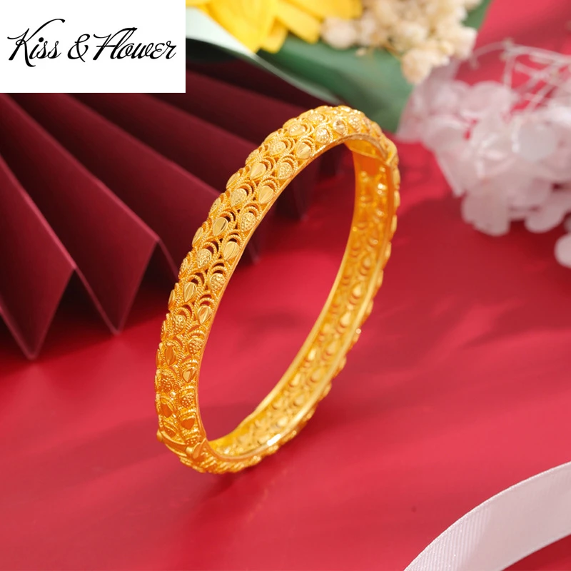 

KISS&FLOWER 24KT Gold Flower Bracelet For Women Vintage Hollow Bangle Fine Jewelry Wedding Party Bride Mother Lady Gift BR315