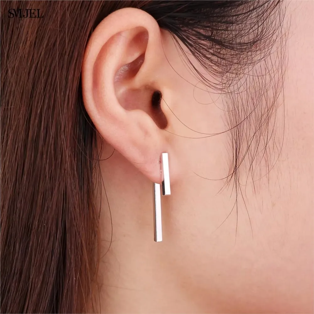 Geometric Simple Fashion T Bar Stud Earrings for Women Vintage Stainless Steel Long Drop Earring Jewelry Gifts