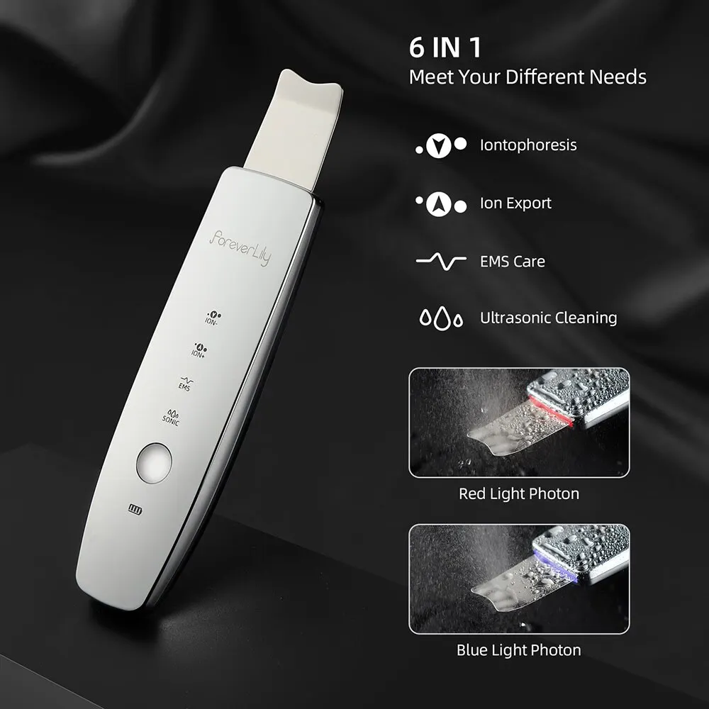 Ultrasonic Face Scrubber Beauty Red&Blue Light LED Photon Therapy EMS Facial Peeling Ion Pore Clean Remove Blackhead Exfoliation facial cleansing brush blackhead remover facial cleaner facial scrubber