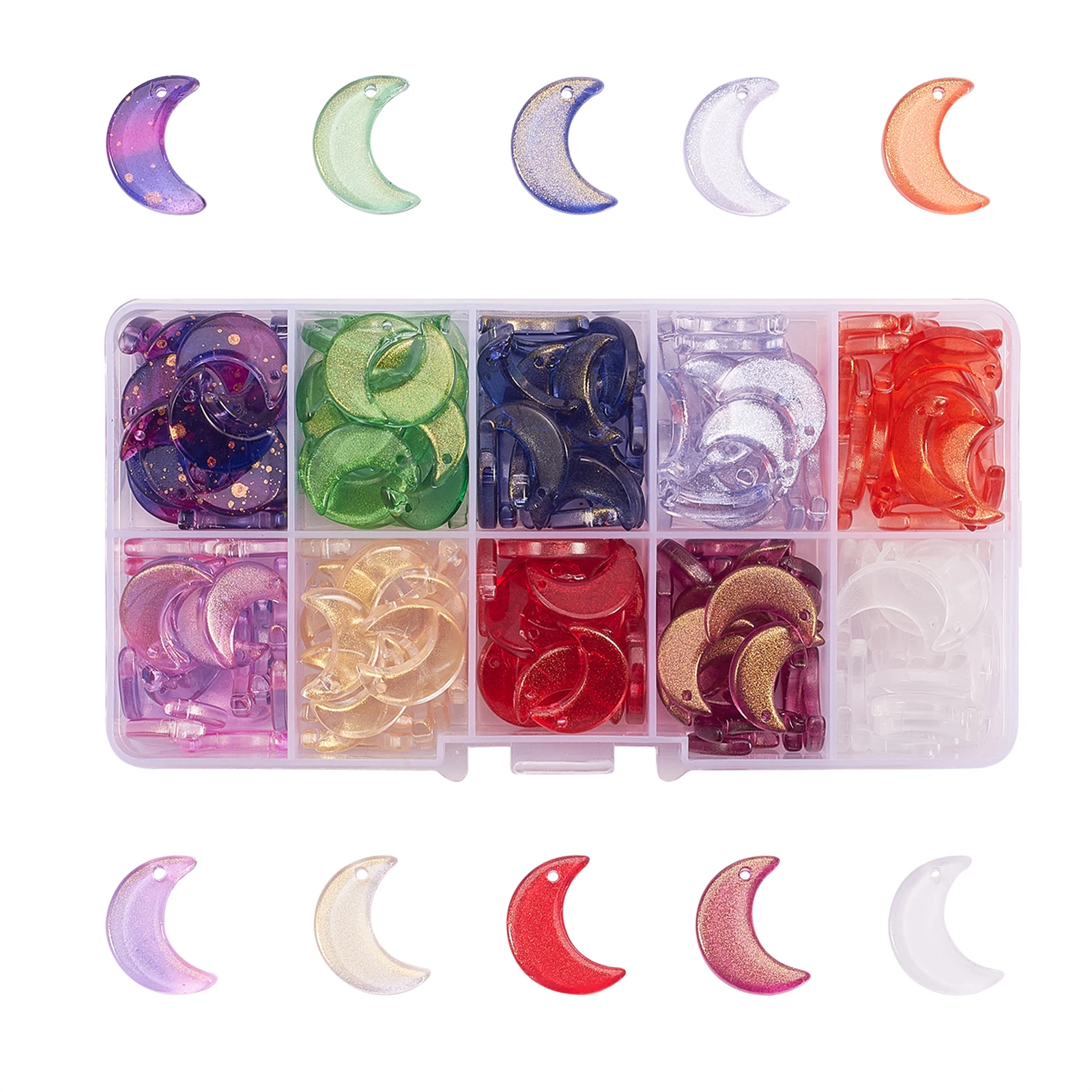200Pcs  10 Colors Transparent Moon  Glass Beads, with Glitter Powder, Top Drilled, For Jewelry Craft Making DIY Necklace
