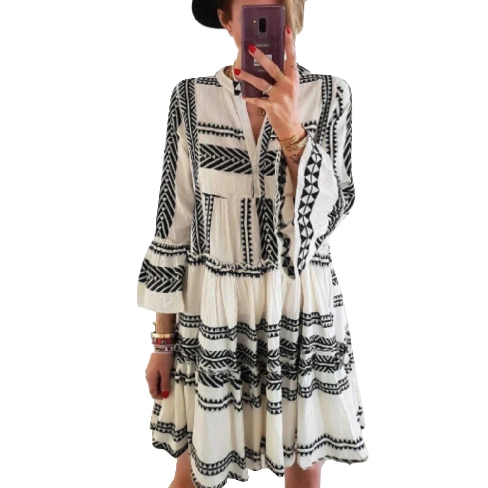 

Sundress Womens Dress Daily Holiday Ladies Long Sleeve Plus Size Print Short Dress Summer V Neck Vacation Beach