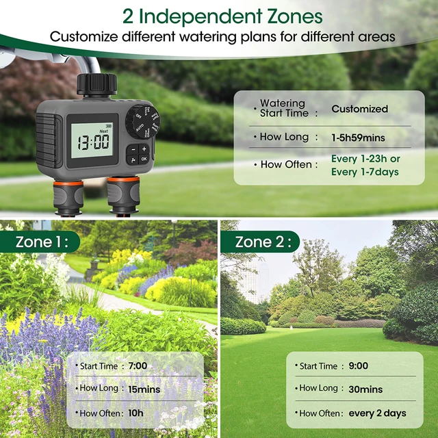 2 Zone Digital Water Timer Automatic Irrigation Controller 3/4'' Thread Sprinkler Timer Irrigation Watering System for Outdoor 3