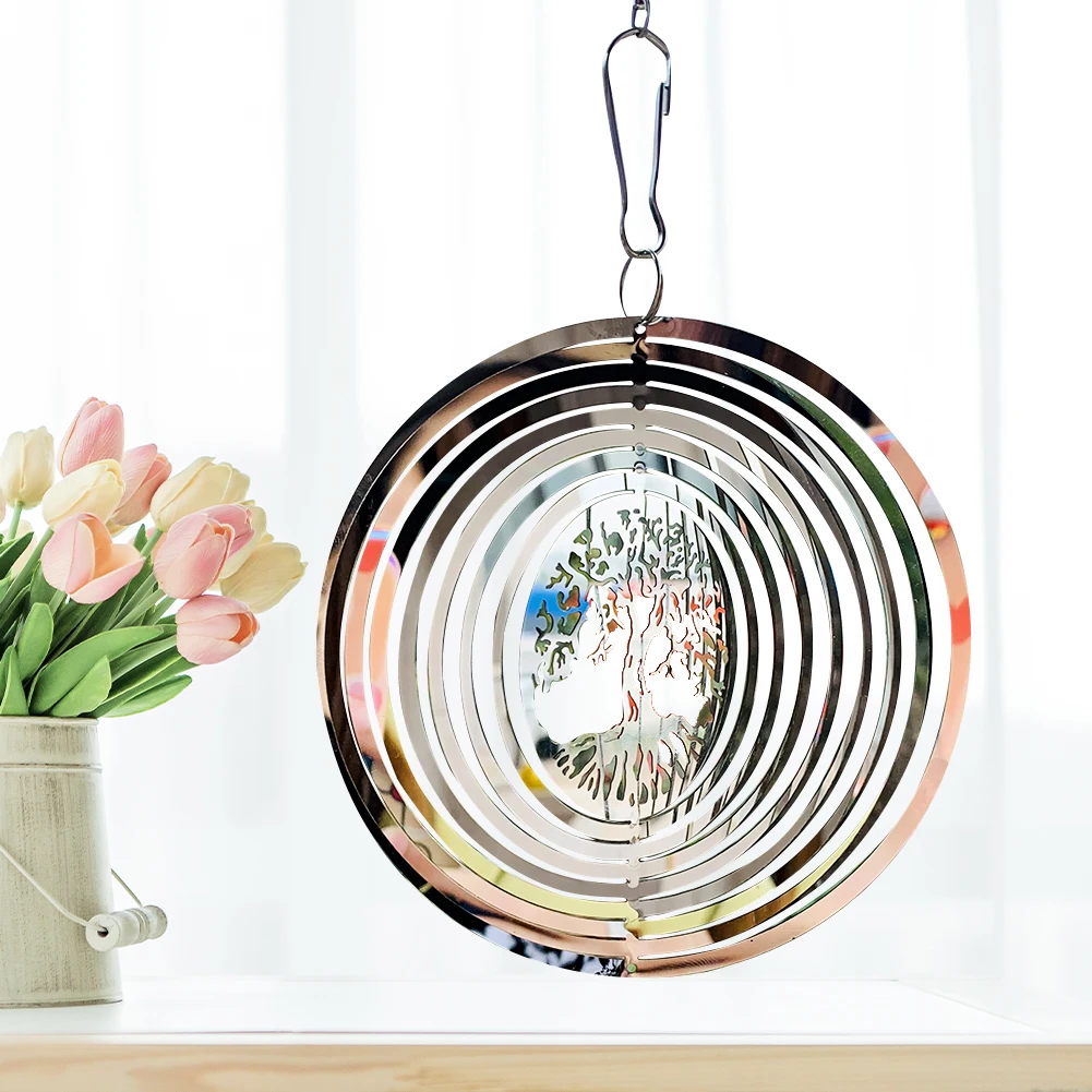Wind Chimes 3D Metal Tree of Life Rotating Wind Chimes Streamer Effect Wind Spinner Mirror Reflection Catcher Home Garden Hanging Decoration