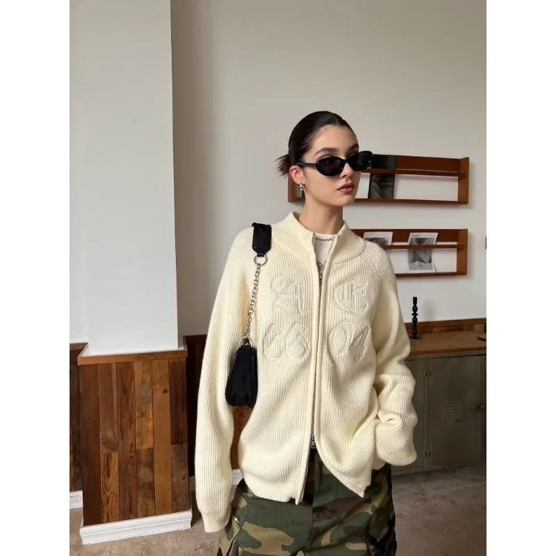 

Golf Clothing Cardigan Knitted Jacket Women's Outerwear Retro Zippered Top Long Sleeved Sweater