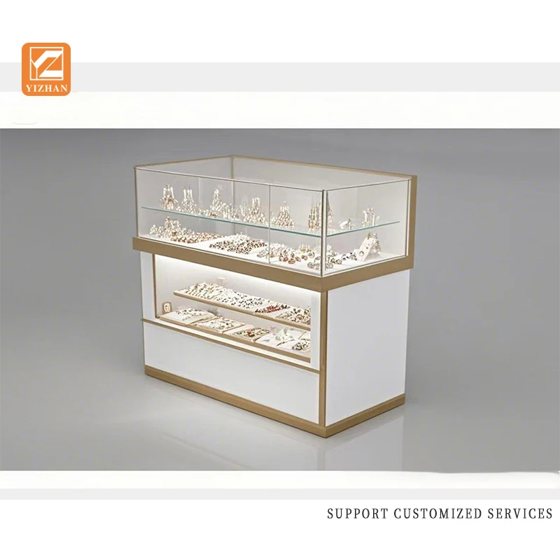 맞춤형 공장 직영 맞춤형 MDF 보석 진열장 (탈착식 카운터 LED 조명 스트립 유리 카운터 포함, 대량 판매용)