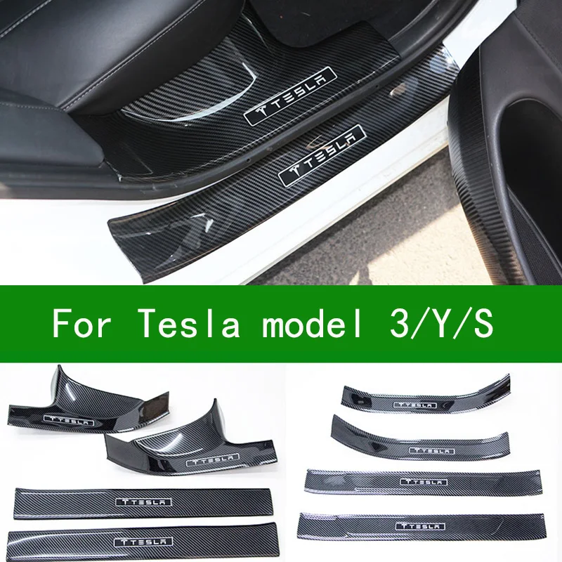 

For Tesla Model 3 carbon fiber car sill strip ABS body decoration protection patch model y x welcome pedal Retrofit accessories